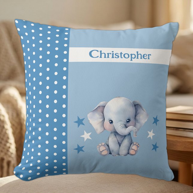 Coussin Chambre d'enfant ajoutez un nom éléphant mignon bl (Créateur téléchargé)