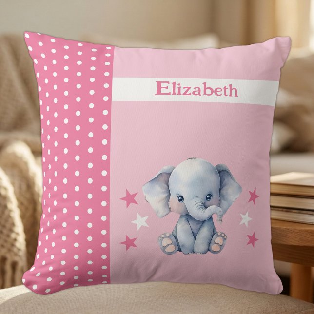 Coussin Chambre d'enfant ajoutez un nom éléphant rose mign (Créateur téléchargé)