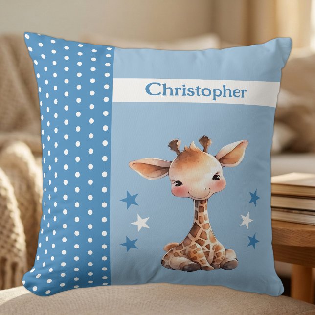 Coussin Chambre d'enfant ajoutez un nom girafe mignon bleu (Créateur téléchargé)