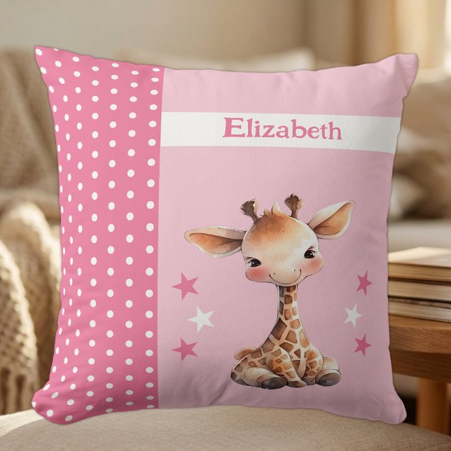 Coussin Chambre d'enfant ajoutez un nom girafe mignon rose (Créateur téléchargé)