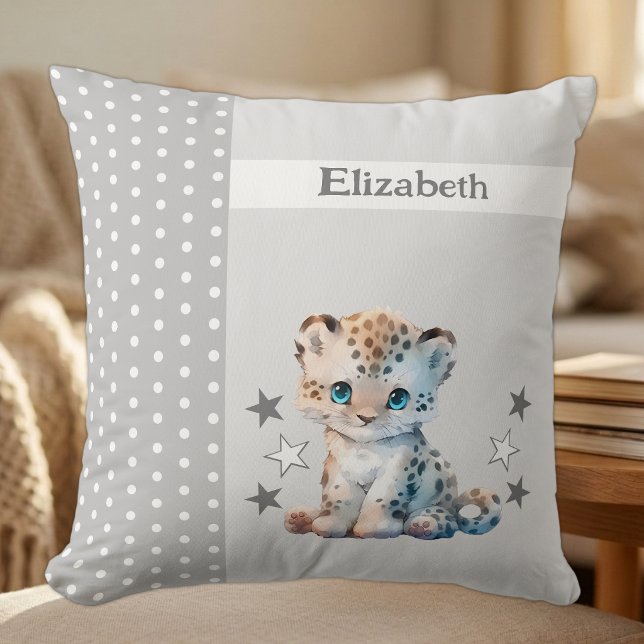 Coussin Chambre d'enfant ajoutez un nom léopard gris migno (Créateur téléchargé)