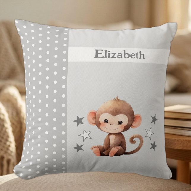 Coussin Chambre d'enfant ajoutez un nom singe mignon gris (Créateur téléchargé)
