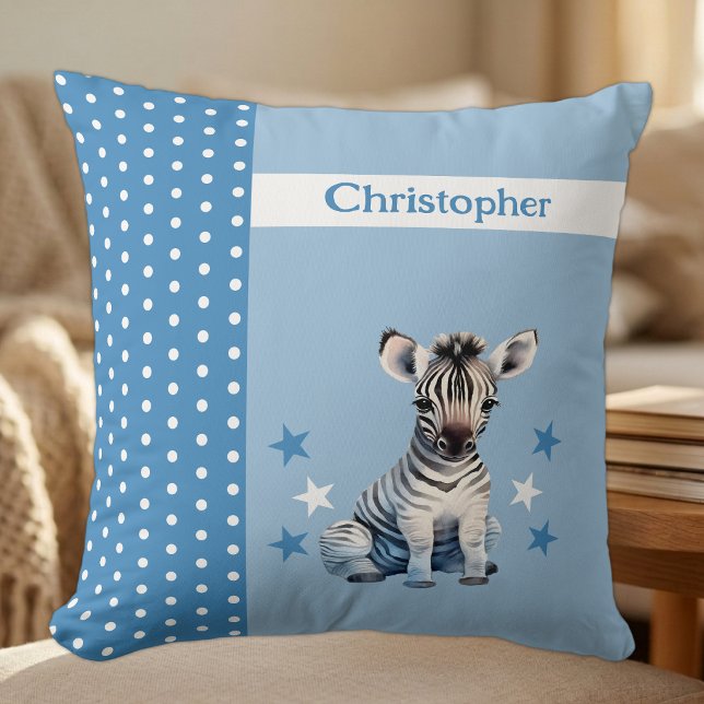 Coussin Chambre d'enfant ajoutez un nom zèbre mignon bleu (Créateur téléchargé)