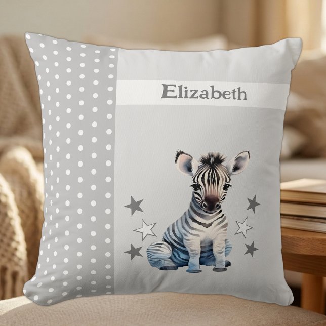 Coussin Chambre d'enfant ajoutez un nom zèbre mignon gris (Créateur téléchargé)