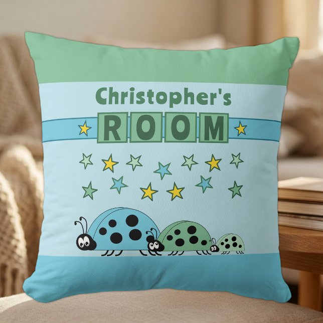 Coussin Chambre d'enfant coccinelles ajoutez un nom bleu v (Créateur téléchargé)