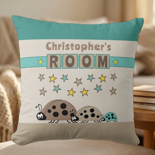 Coussin Chambre d'enfant coccinelles ajoutez un nom marron (Créateur téléchargé)