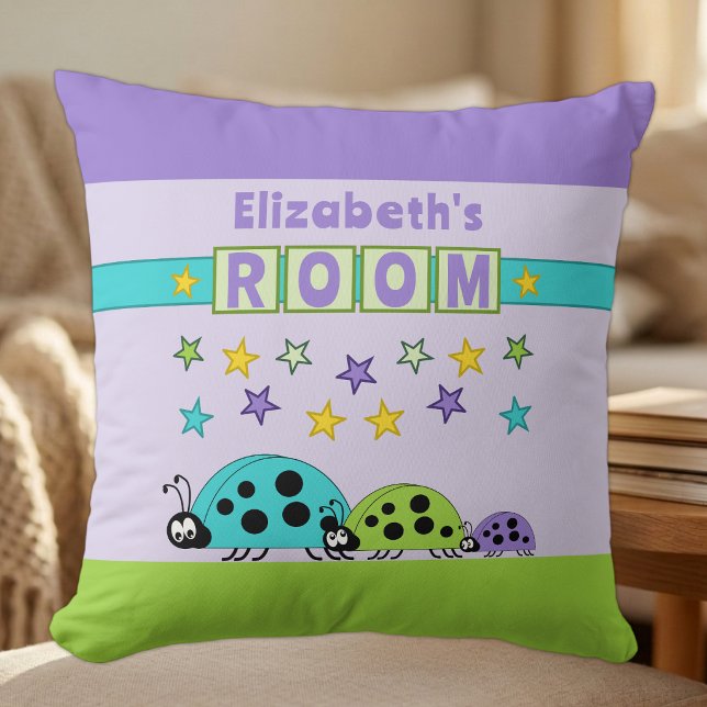 Coussin Chambre d'enfant coccinelles ajoutez un nom violet (Créateur téléchargé)