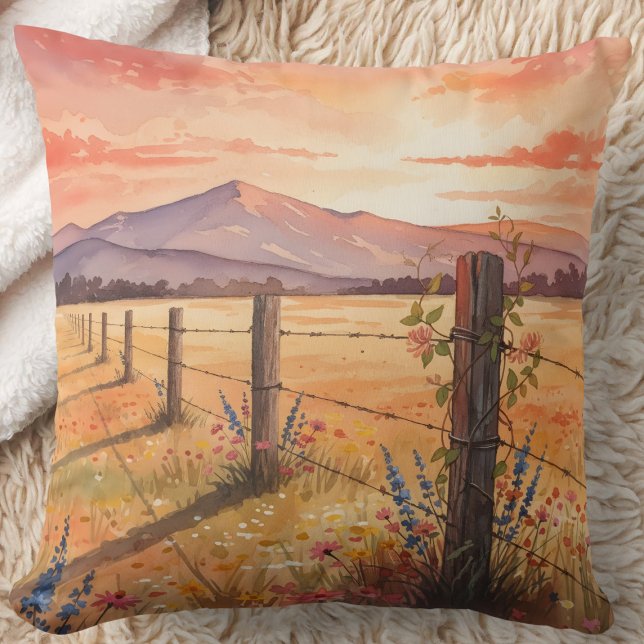 Coussin Champ de fleurs sauvages au coucher du soleil sere (Créateur téléchargé)