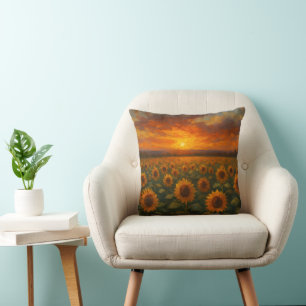 Coussin Champ de Tournesols au Coucher du Soleil