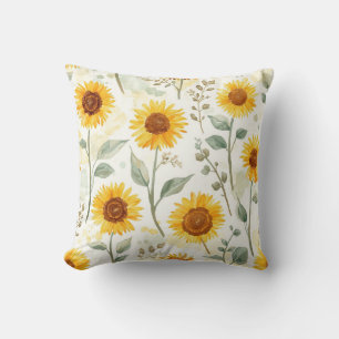 Coussin Champ de Tournesols Peinture Aquarelle Floral Jaun