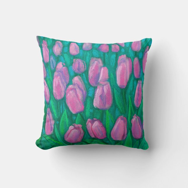 Coussin Champ de tulipes roses, Fleurs de printemps peintu (Recto)