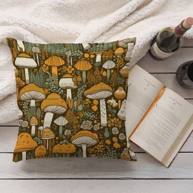 Coussin Champignons bruns Botanique Vintage  (Retro orange mushrooms on brown decorator pillow)