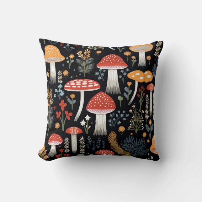 Coussin Champignons et feuillage sur Arrière - plan noir 2 (Recto)