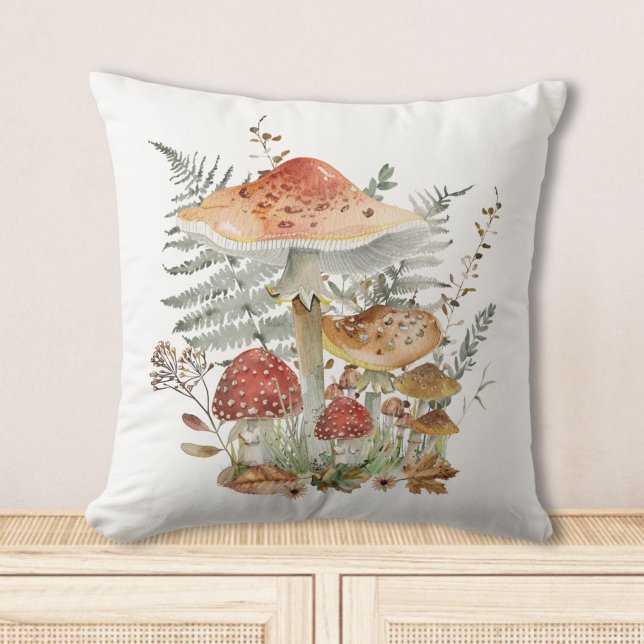 Coussin Champignons et feuilles de fougère aquarelle vinta (Créateur téléchargé)