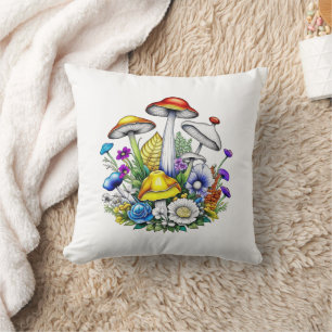 Coussin Champignons et fleurs magiques fantaisistes