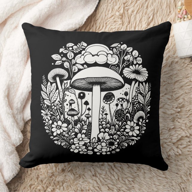 Coussin Champignons et fleurs rétro noirs et blancs (Couverture)