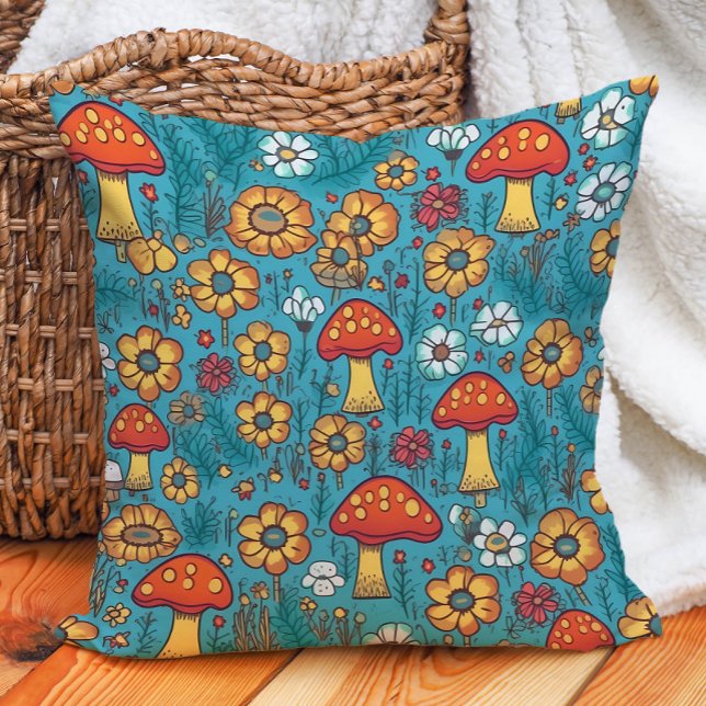 Coussin Champignons Rétro Années 70 Rouge Jaune Turquoise (Cute orange mushrooms on teal decorator pillow)