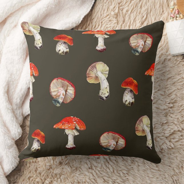 Coussin Champignons rouges botaniques sur fond sombre  (Couverture)