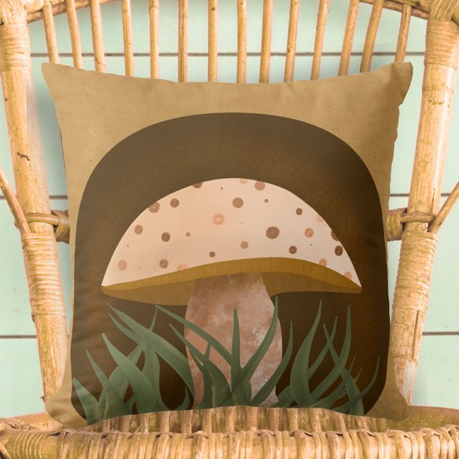 Coussin Champignons rustiques en bois (Rustic Woodland Mushroom Cute Throw Pillow. Illustration, Home Decor, Cute, Earthy, Nature, Brown)