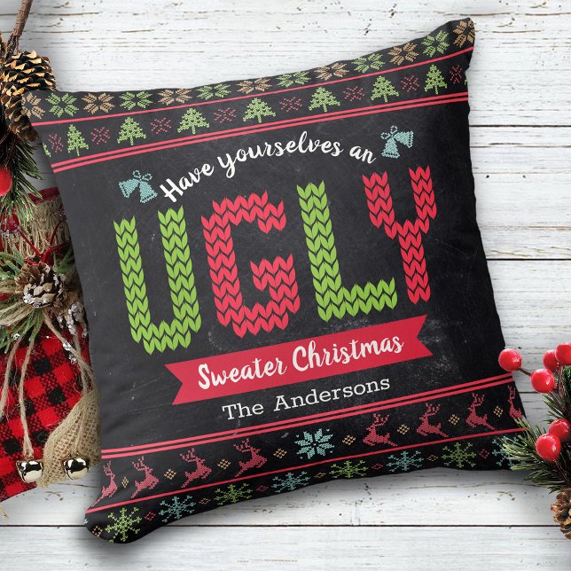 Coussin Chandail de Noël moche Nordic Knit Fun Chalkboard (Créateur téléchargé)