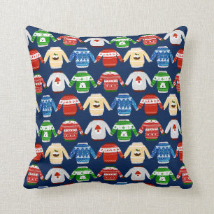 Coussin Chandail moche de Noël bleu