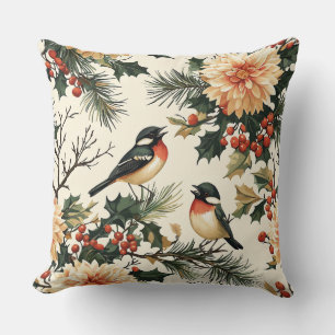 Coussin Chanson Rustique Oiseaux Hiver Crème Rouge Botaniq