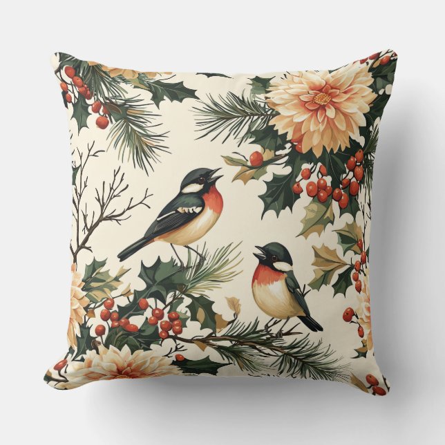 Coussin Chanson Rustique Oiseaux Hiver Crème Rouge Botaniq (Recto)