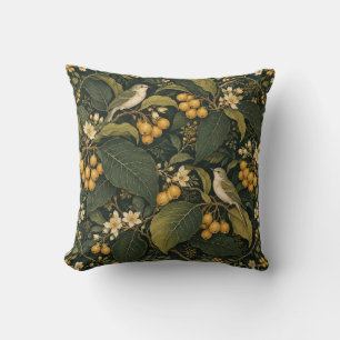 Coussin Chant d'Oiseaux aux Baies Dorées Botanique Sombre