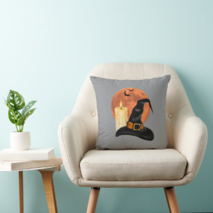 Coussin Chapeau de sorcière & bougie sous la lune orange H