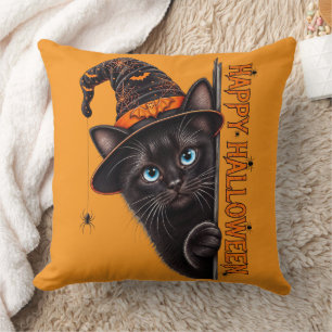 Coussin Chapeau de sorcière de chat noir effrayant Hallowe