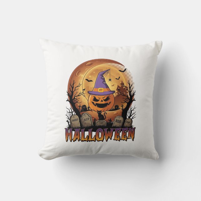 Coussin Chapeau de sorcière de citrouille d'Halloween Chat (Recto)