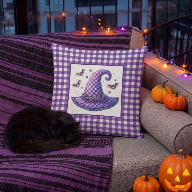 Coussin Chapeau de sorcière et chauves-souris en gingham v (Créateur téléchargé)