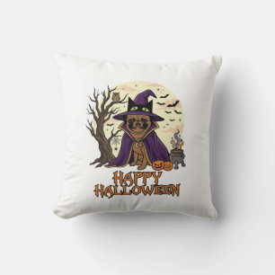 Coussin Chapeau de sorcière Pug Halloween joyeux Chaudron