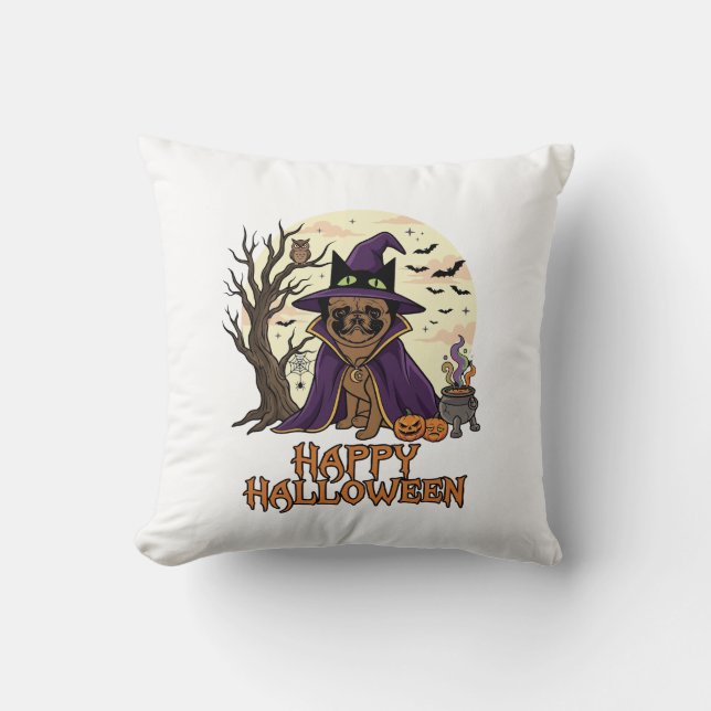 Coussin Chapeau de sorcière Pug Halloween joyeux Chaudron  (Recto)