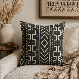 Coussin Charbon Ivoire Mudcloth Inspiré Tribal Moderne