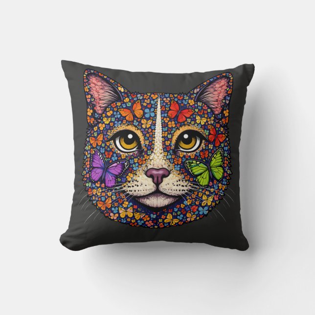 Coussin Charcoal Butterfly Blooms Cat Portrait Kitty Lover (Recto)