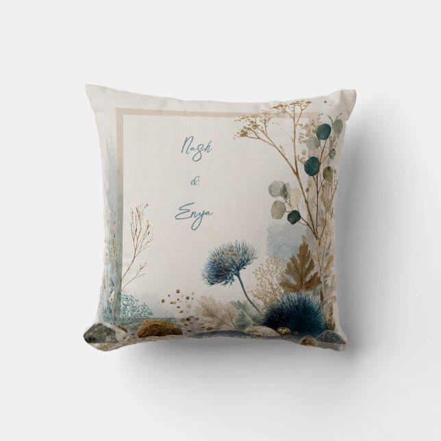 Coussin Chardon Bleu et Or Botanique Aquarelle Côtière (Recto)