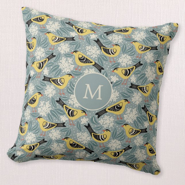 Coussin Chardonneret et Rhododendron Oiseau Fleur Monogram (Willow Goldfinch Rhododendron monogram initial bird flower block print throw pillow)
