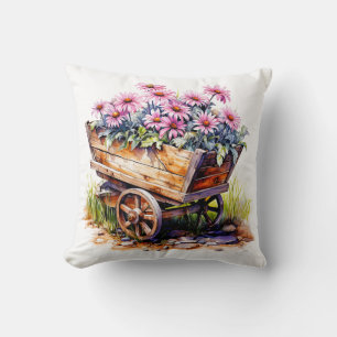 Coussin Chariot de jardin en bois vintage rempli de fleurs