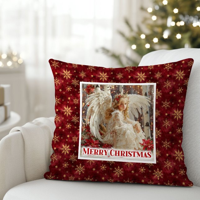 Coussin Charmant Ange Victorien Rouge Or Accent Noël (Charming Victorian Angel Red Gold Accent Christmas Pillow

)