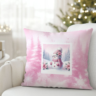 Coussin Charmant bonhomme de neige rose Scène d'hiver Cade