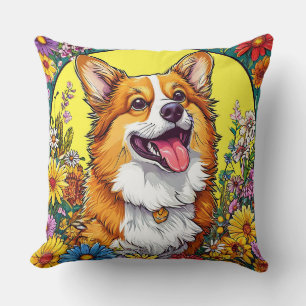 Coussin Charmant Corgi Entouré de Fleurs Colorées