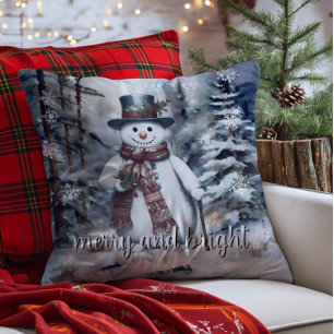 Coussin Charmant Snowman Aquarelle Forêt d'hiver