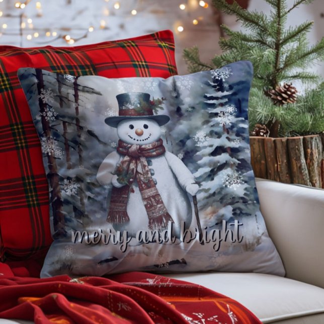 Coussin Charmant Snowman Aquarelle Forêt d'hiver (Charming Snowman Watercolor Winter Forest Throw Pillow)