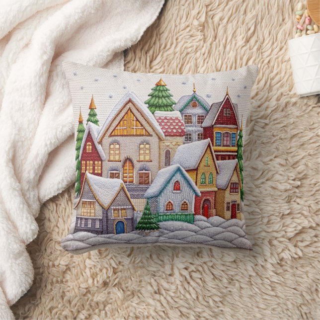 Coussin Charmante Broderie Village d'hiver Jeu d'oreiller (Couverture)