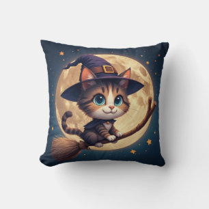 Coussin Charmante chatte sorcière sous les étoiles et la p