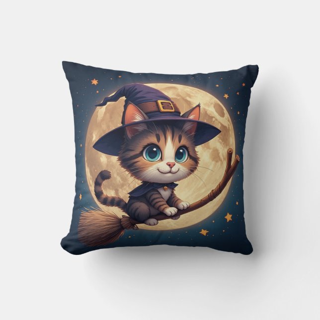 Coussin Charmante chatte sorcière sous les étoiles et la p (Recto)