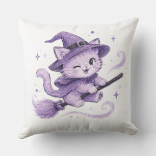 Coussin Charmante sorcière chat violet sur balai Halloween