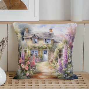Coussin Charme de jardin de cottage au printemps à l'aquar