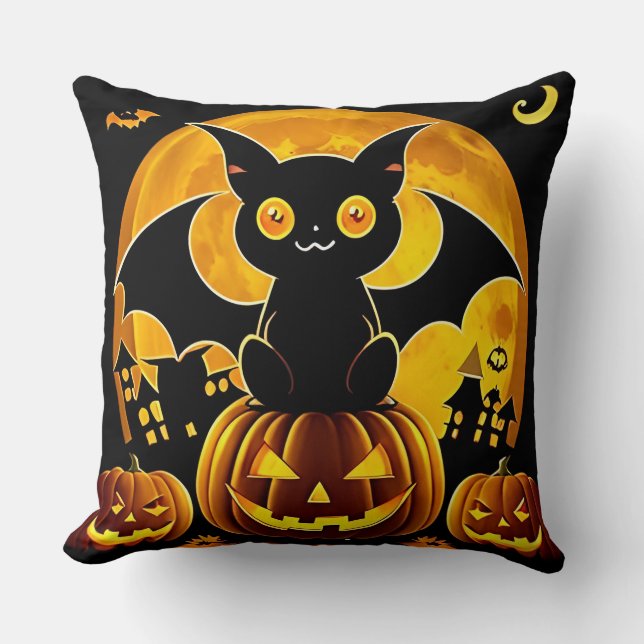 Coussin Charme de nuit de chat d'Halloween mignon chauve-s (Recto)